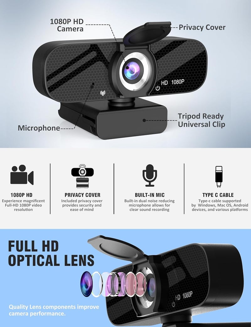Tewiky Full HD Webcam with Built-in Microphone and Rotatable Tripod, 1080P Video and Wide Angle Camera, Privacy Cover, for Desktop PC or Laptop Computer - Image 5